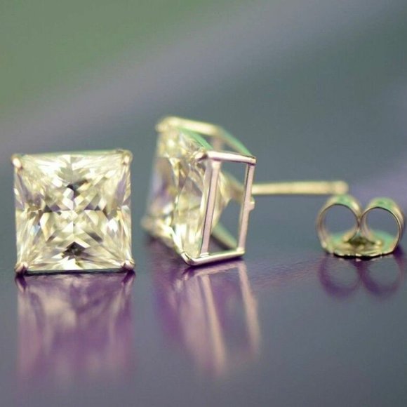 Solid 14k White Gold Princess Cut Clear Basket Push Back Stud Earrings Sz 3x3mm - Picture 7 of 10